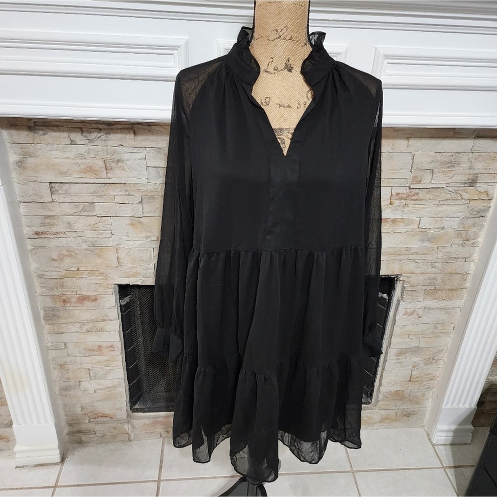 1. State black tiered sheer overlay babydoll a line long sleeve dress size large